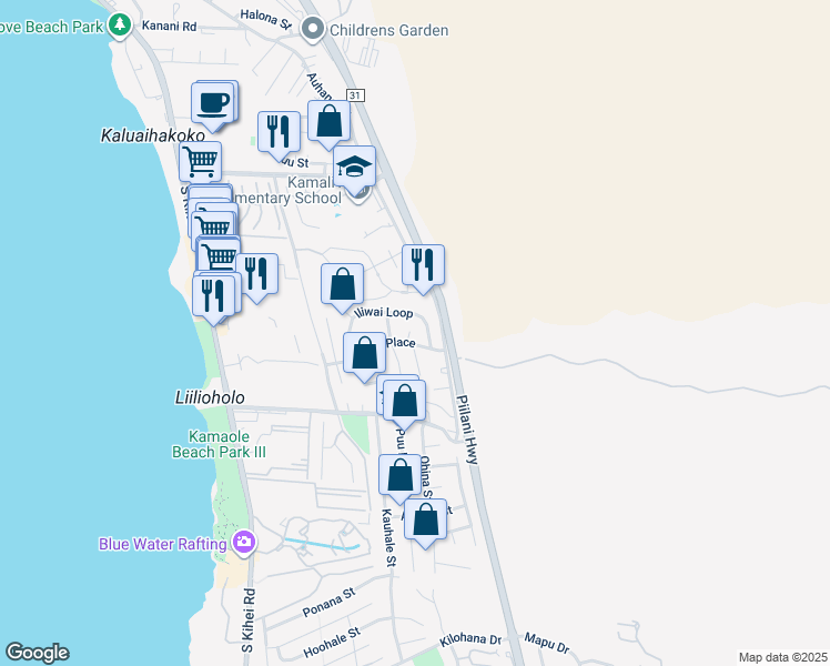 map of restaurants, bars, coffee shops, grocery stores, and more near 18 Luanaiki Place in Kihei