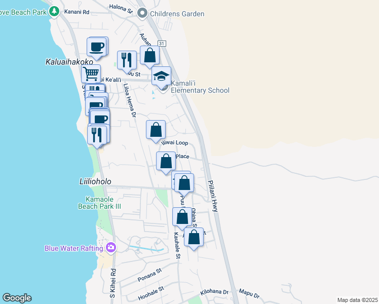 map of restaurants, bars, coffee shops, grocery stores, and more near 18 Luanaiki Place in Kihei