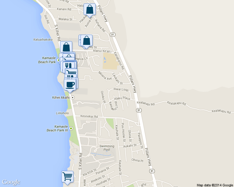 map of restaurants, bars, coffee shops, grocery stores, and more near 2586 Hunakai Street in Kihei