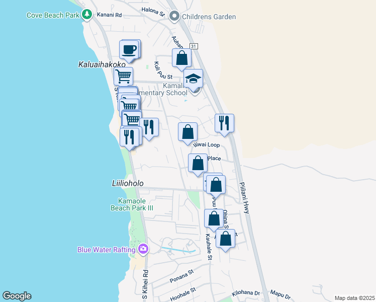 map of restaurants, bars, coffee shops, grocery stores, and more near 41 Iliwai Loop in Kihei