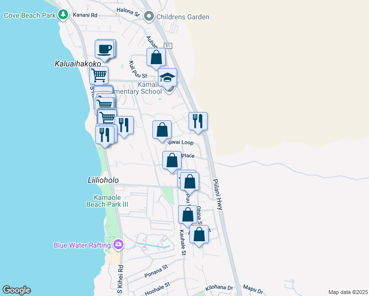 map of restaurants, bars, coffee shops, grocery stores, and more near 2586 Hunakai Street in Kihei