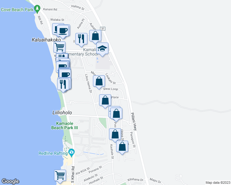 map of restaurants, bars, coffee shops, grocery stores, and more near 35 Luanaiki Place in Kihei