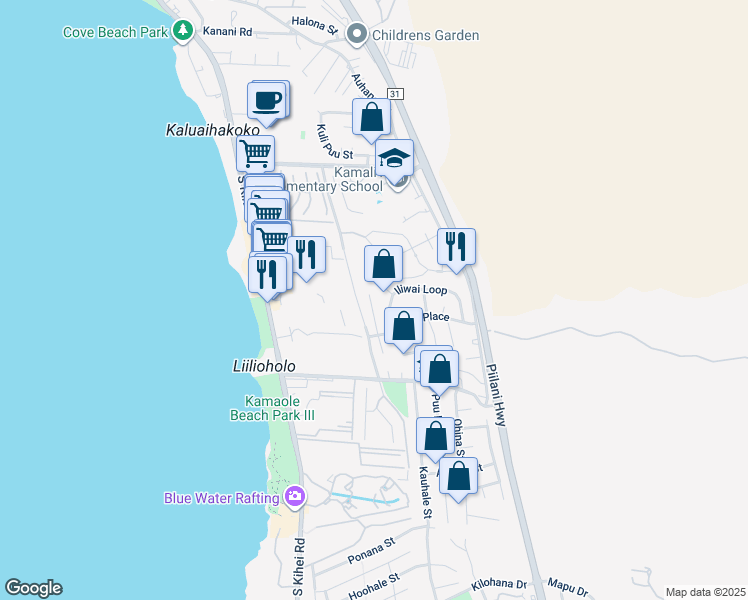 map of restaurants, bars, coffee shops, grocery stores, and more near 2539 Omiko Place in Kihei