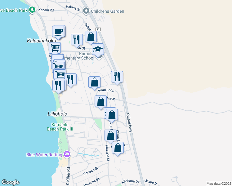 map of restaurants, bars, coffee shops, grocery stores, and more near 152 Iliwai Loop in Kihei