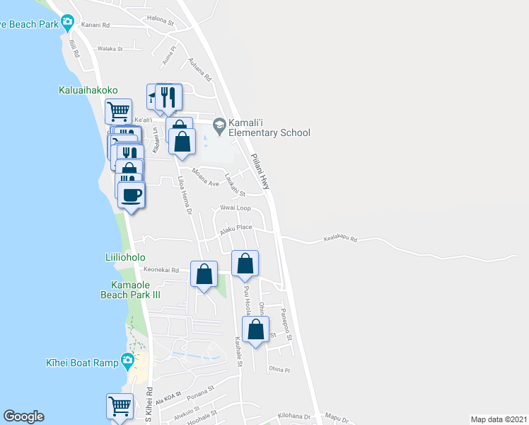 map of restaurants, bars, coffee shops, grocery stores, and more near 159 Iliwai Loop in Kihei