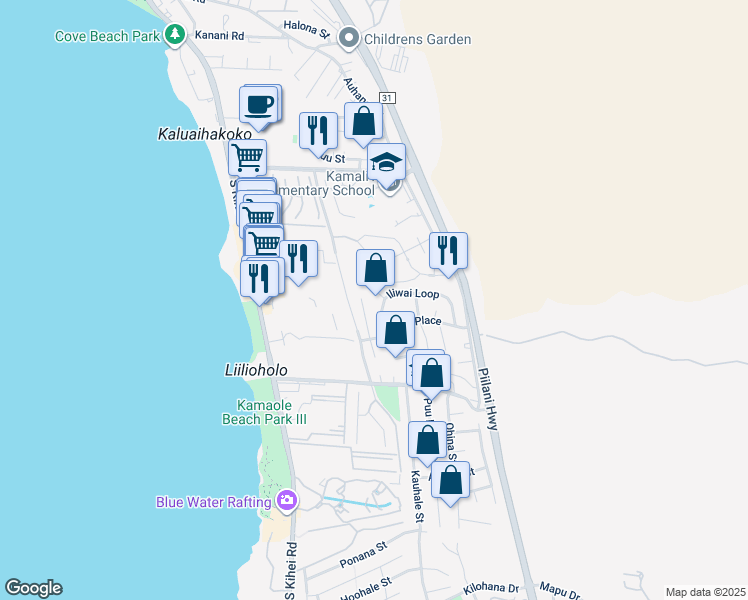 map of restaurants, bars, coffee shops, grocery stores, and more near 15 Omaka Place in Kihei