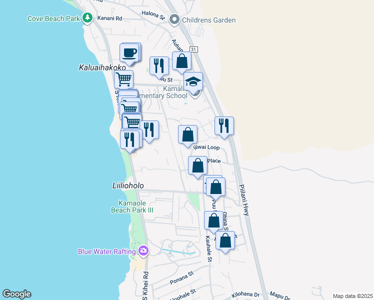 map of restaurants, bars, coffee shops, grocery stores, and more near 15 Omaka Place in Kihei