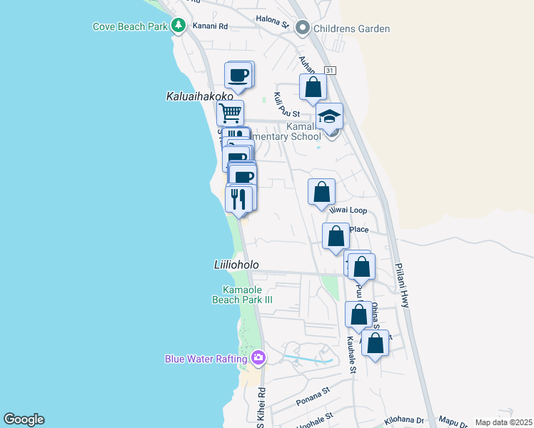 map of restaurants, bars, coffee shops, grocery stores, and more near 2505 South Kihei Road in Kihei