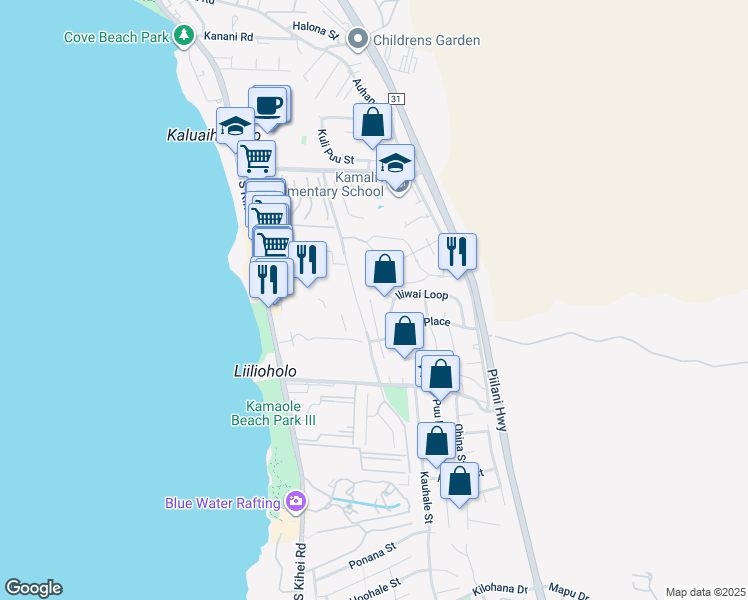 map of restaurants, bars, coffee shops, grocery stores, and more near 2533 Omiko Place in Kihei