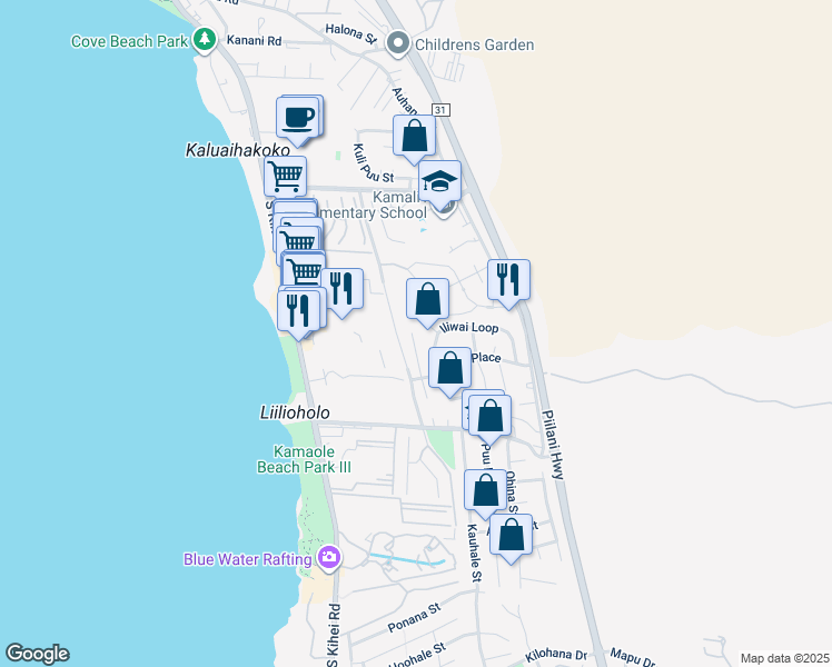 map of restaurants, bars, coffee shops, grocery stores, and more near 2533 Omiko Place in Kihei