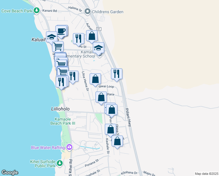 map of restaurants, bars, coffee shops, grocery stores, and more near 116 Iliwai Loop in Kihei