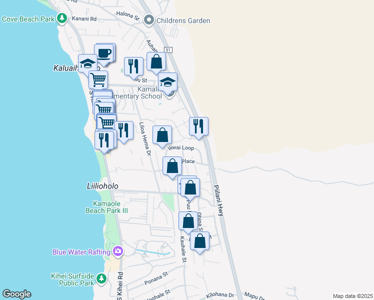 map of restaurants, bars, coffee shops, grocery stores, and more near 116 Iliwai Loop in Kihei