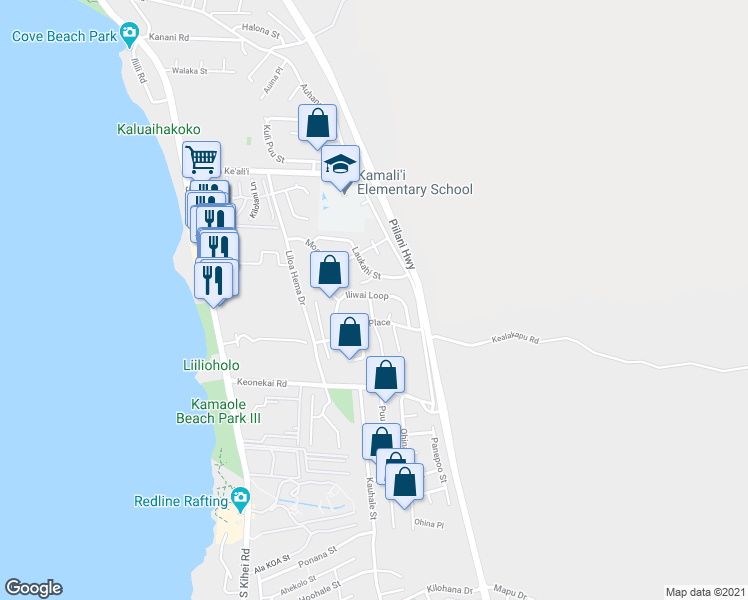 map of restaurants, bars, coffee shops, grocery stores, and more near 106 Iliwai Loop in Kihei
