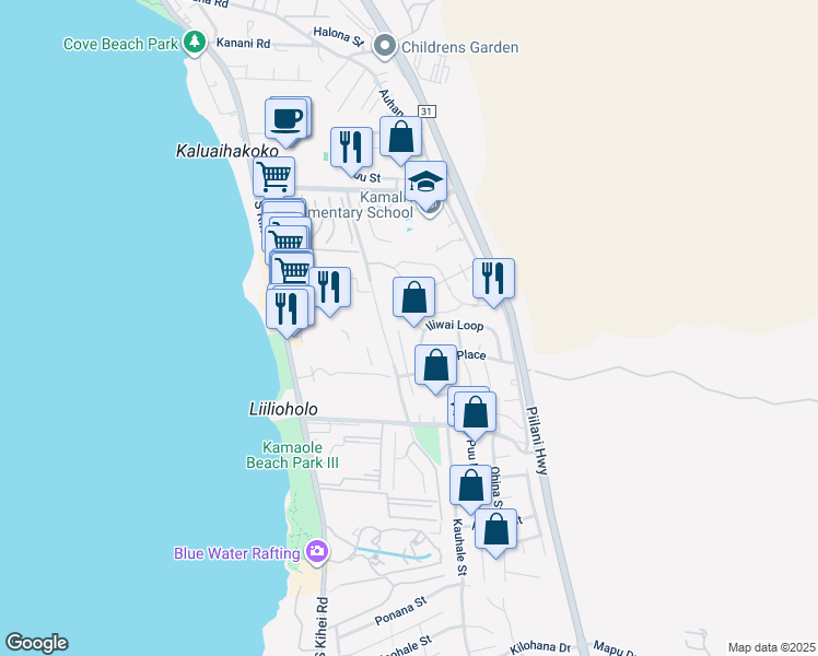 map of restaurants, bars, coffee shops, grocery stores, and more near 23 Omaka Place in Kihei