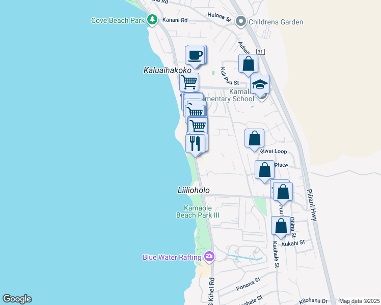 map of restaurants, bars, coffee shops, grocery stores, and more near 2480 South Kihei Road in Kihei