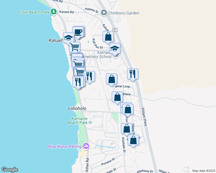 map of restaurants, bars, coffee shops, grocery stores, and more near 2525 Omiko Place in Kihei