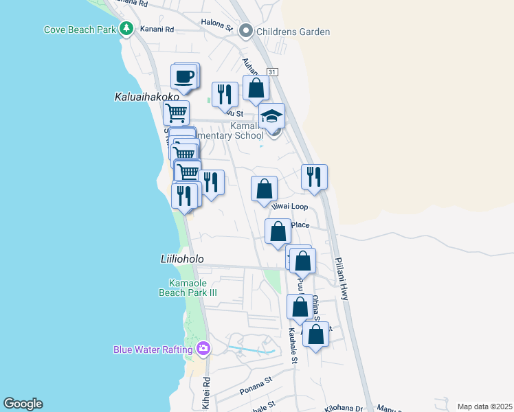 map of restaurants, bars, coffee shops, grocery stores, and more near 2525 Omiko Place in Kihei