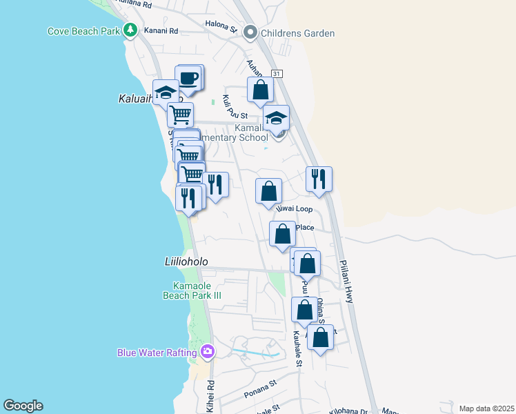 map of restaurants, bars, coffee shops, grocery stores, and more near 2515 Omiko Place in Kihei