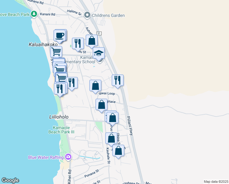 map of restaurants, bars, coffee shops, grocery stores, and more near 137 Iliwai Loop in Kihei