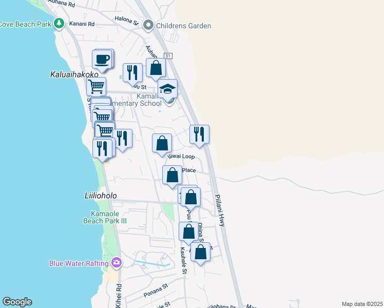 map of restaurants, bars, coffee shops, grocery stores, and more near 129 Iliwai Loop in Kihei