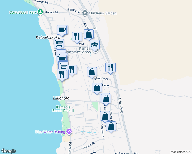 map of restaurants, bars, coffee shops, grocery stores, and more near 69 Iliwai Loop in Kihei