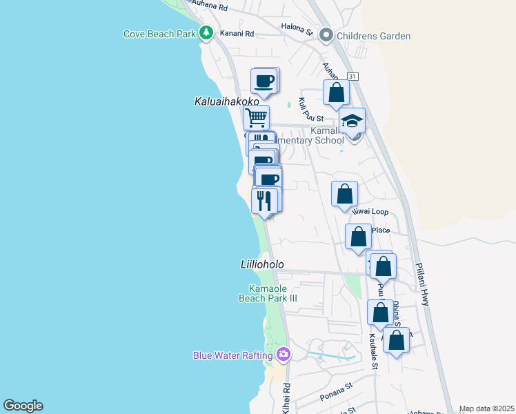 map of restaurants, bars, coffee shops, grocery stores, and more near 2480 South Kihei Road in Kihei