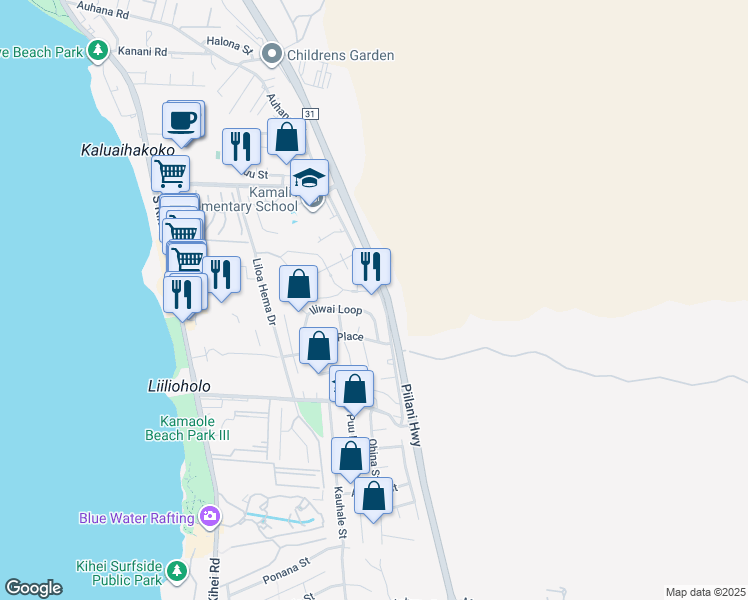 map of restaurants, bars, coffee shops, grocery stores, and more near 136 Laukahi Street in Kihei