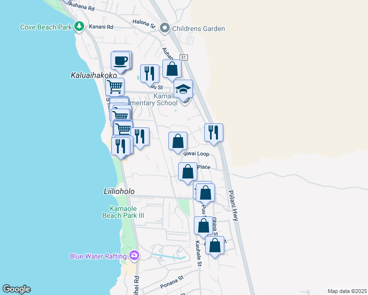map of restaurants, bars, coffee shops, grocery stores, and more near 34 Haumea Place in Kihei