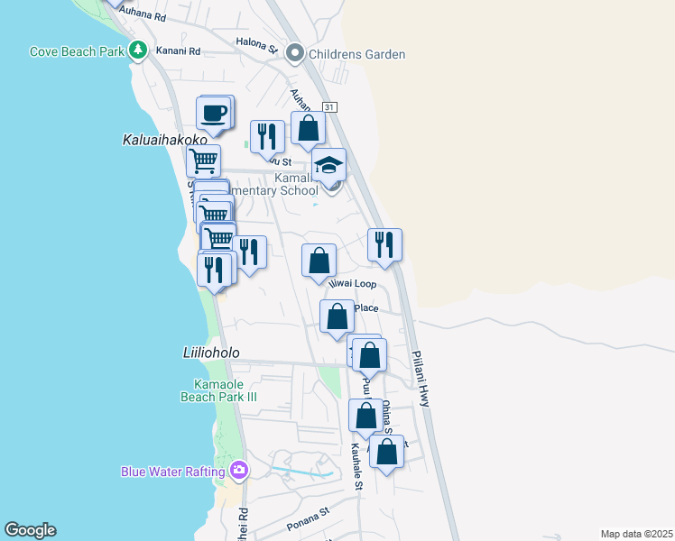 map of restaurants, bars, coffee shops, grocery stores, and more near 22 Haumea Place in Kihei