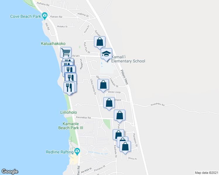 map of restaurants, bars, coffee shops, grocery stores, and more near 22 Haumea Place in Kihei
