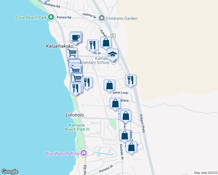 map of restaurants, bars, coffee shops, grocery stores, and more near 11 Puuwai Place in Kihei