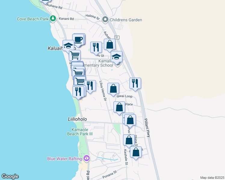 map of restaurants, bars, coffee shops, grocery stores, and more near 17 Puuwai Place in Kihei