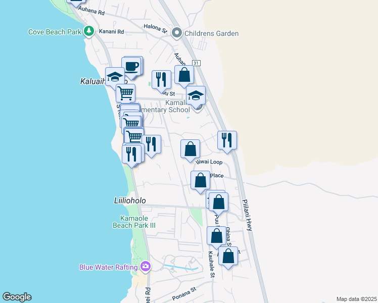 map of restaurants, bars, coffee shops, grocery stores, and more near 17 Puuwai Place in Kihei