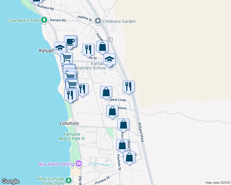 map of restaurants, bars, coffee shops, grocery stores, and more near 94 Laukahi Street in Kihei