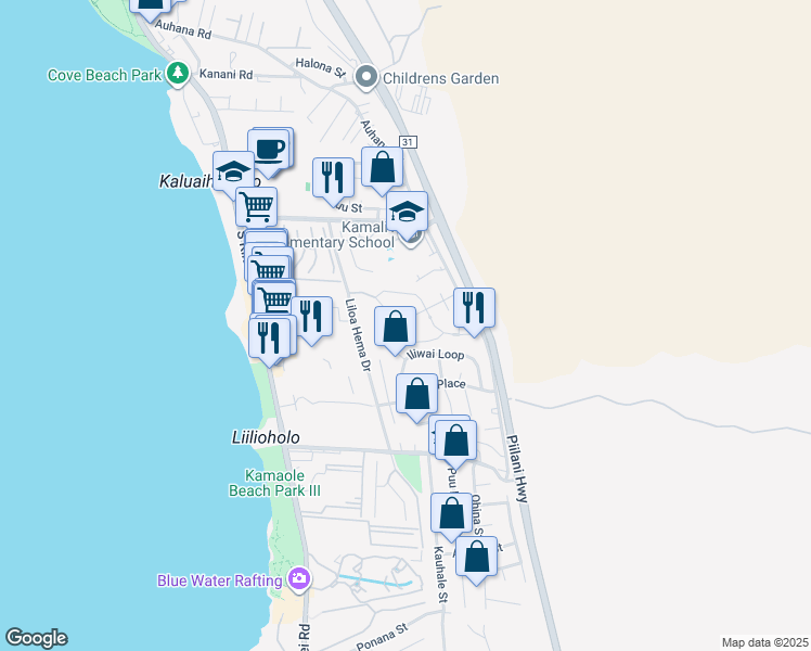 map of restaurants, bars, coffee shops, grocery stores, and more near 34 Haumea Place in Kihei