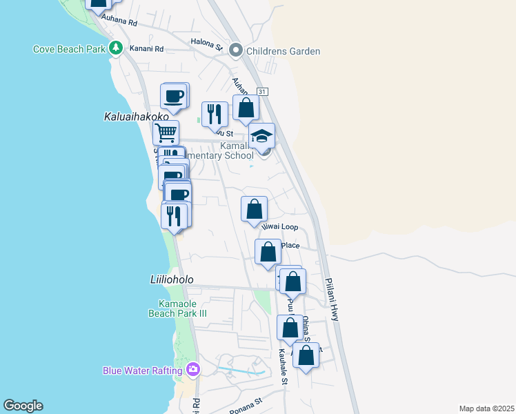 map of restaurants, bars, coffee shops, grocery stores, and more near 84 Moana Avenue in Kihei