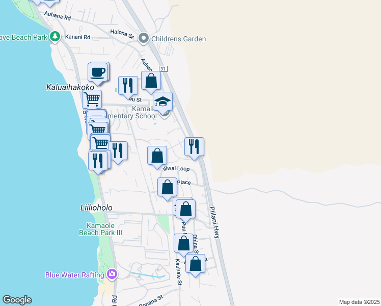 map of restaurants, bars, coffee shops, grocery stores, and more near 121 Laukahi Street in Kihei