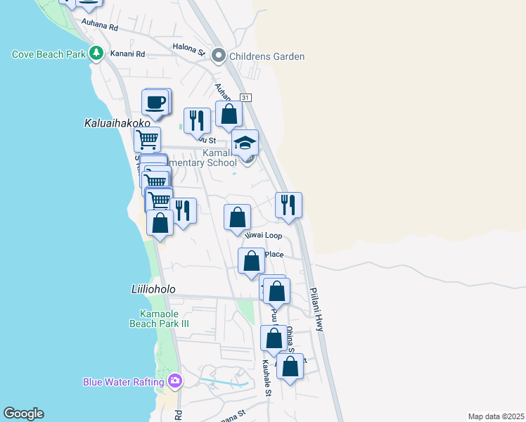 map of restaurants, bars, coffee shops, grocery stores, and more near 87 Laukahi Street in Kihei