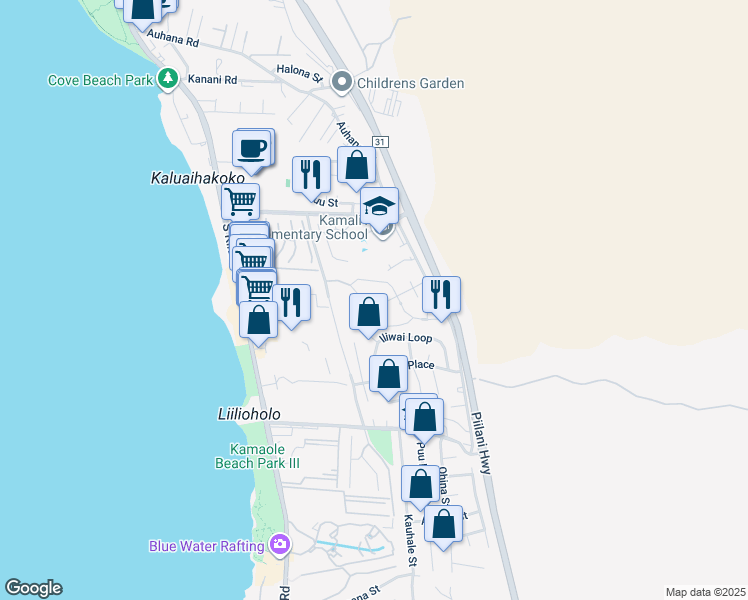 map of restaurants, bars, coffee shops, grocery stores, and more near 38 Laukahi Street in Kihei