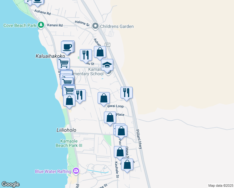 map of restaurants, bars, coffee shops, grocery stores, and more near 30 South Kukui Place in Kihei