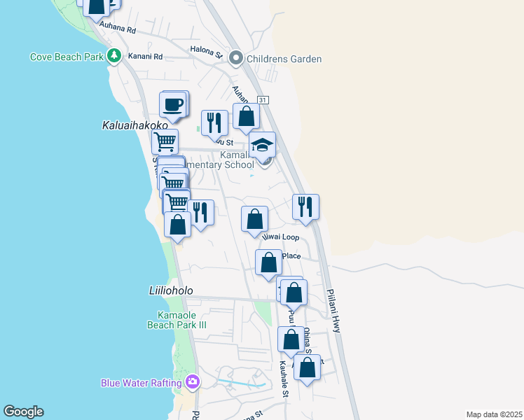map of restaurants, bars, coffee shops, grocery stores, and more near 38 Laukahi Street in Kihei