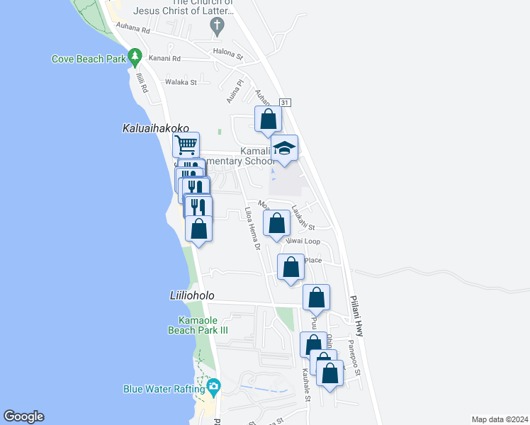 map of restaurants, bars, coffee shops, grocery stores, and more near 60 Moana Avenue in Kihei