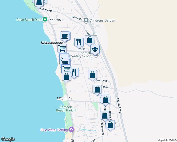 map of restaurants, bars, coffee shops, grocery stores, and more near 34 Moana Avenue in Kihei