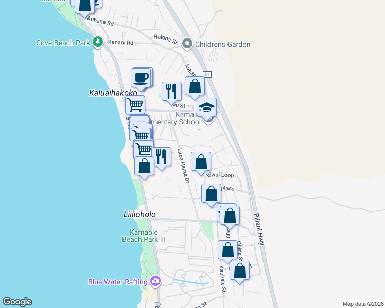 map of restaurants, bars, coffee shops, grocery stores, and more near 34 Moana Avenue in Kihei