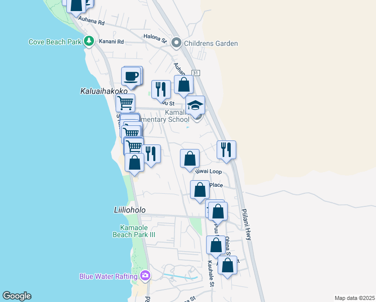 map of restaurants, bars, coffee shops, grocery stores, and more near 71 Moana Avenue in Kihei