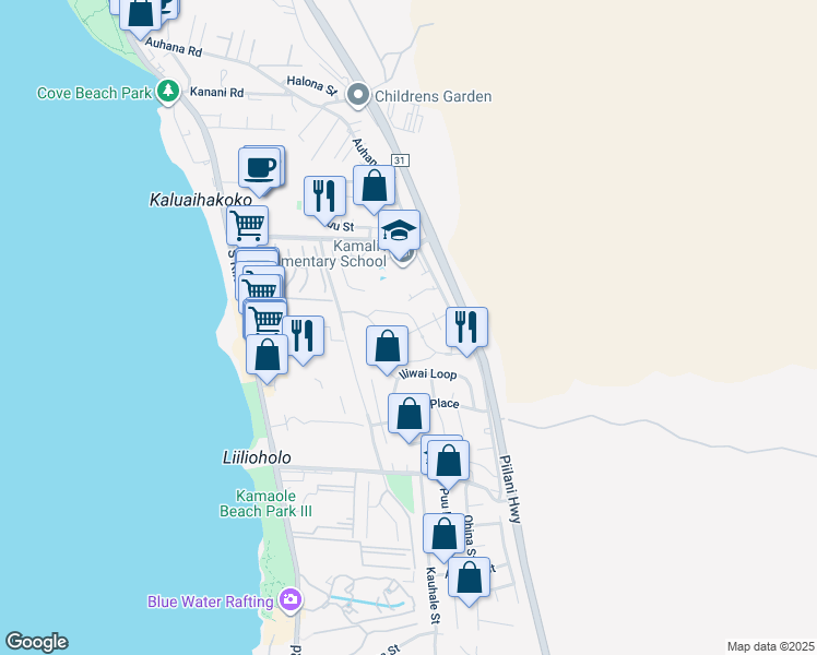 map of restaurants, bars, coffee shops, grocery stores, and more near 74 Laukahi Street in Kihei