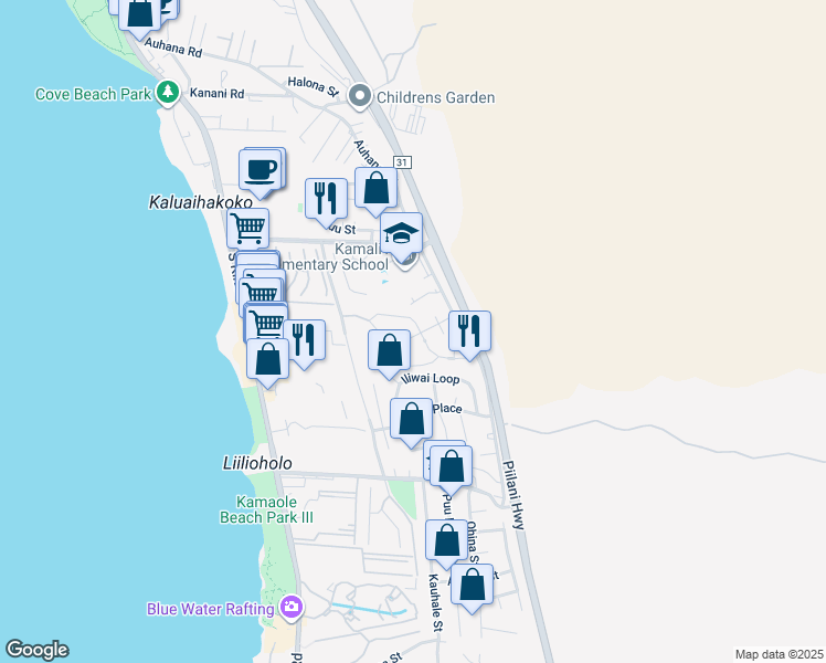 map of restaurants, bars, coffee shops, grocery stores, and more near 74 Laukahi Street in Kihei