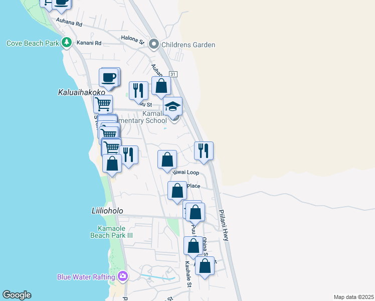map of restaurants, bars, coffee shops, grocery stores, and more near 24 South Kukui Place in Wailuku