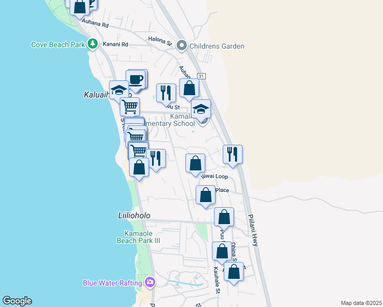 map of restaurants, bars, coffee shops, grocery stores, and more near 38 Laukahi Street in Kihei