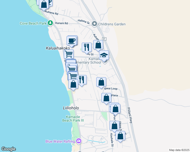 map of restaurants, bars, coffee shops, grocery stores, and more near 34 Moana Avenue in Kihei